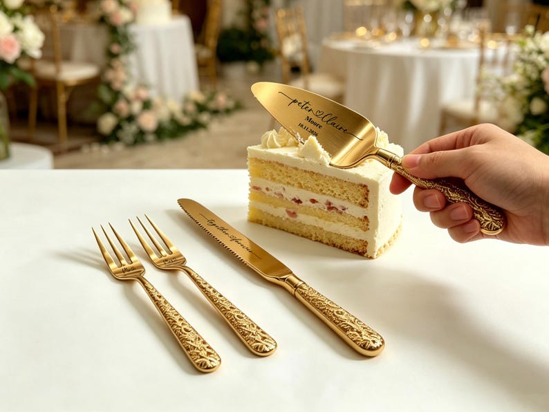 Personligt tårtkniv- och serveringsset, Anpassat serveringsset för bröllopstårtor, Genombrutet eller blommigt handtag, Graverad present bild 19