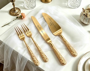 Set personalizzato di coltello e paletta per torta, set da portata per torta nuziale su misura, manico traforato o floreale, regalo inciso.