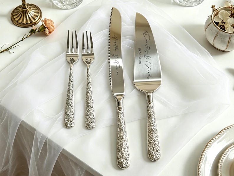 Personligt tårtkniv- och serveringsset, Anpassat serveringsset för bröllopstårtor, Genombrutet eller blommigt handtag, Graverad present bild 3