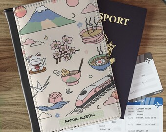 Personalized Passport Cover, Japanese Kawaii Cat Design, Faux Leather