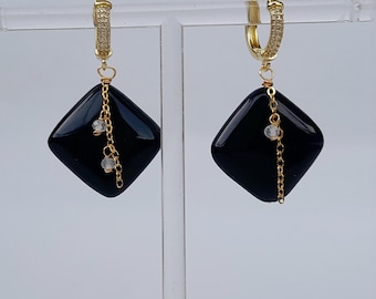 Black Agate Earrings: Gold Plated, Moonstone Accents, Elegant Jewelry