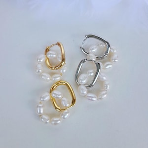 Freshwater Pearl Hoop Earrings: Gold or Rhodium Plated Leverback Design