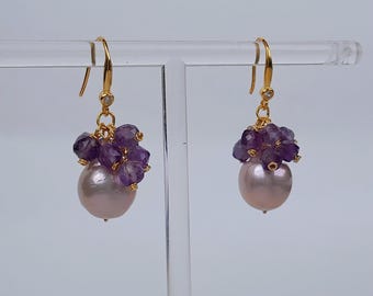 Pink Pearl & Amethyst Earrings – 18K Gold Vermeil on Sterling Silver Dangles
