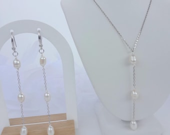 Freshwater Pearl Necklace and Earrings Set: Sterling Silver Dangle Jewelry