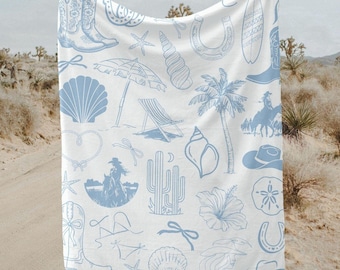Coastal Cowgirl Blanket Room Decor Coastal Cowgirl Boot Print Blue Surfs Up Cowgirl Bachelorette Gift Daughters College Dorm Teen Girl Gift