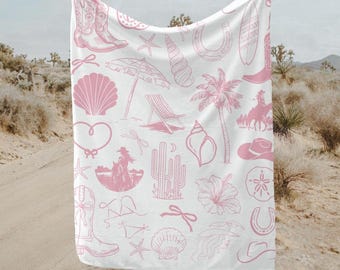 Coastal Cowgirl Blanket Pink Beachy Room Decor Cowgirl Gift Cute Coastal Cowgirl Print Lightweight Summer College Dorm Teen Daughter Gift
