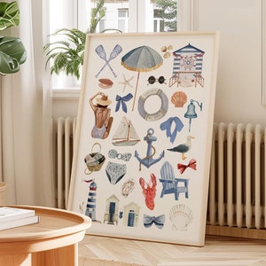 Art mural côte est, impression côtière de Nantucket, affiche preppy tendance, impression de dortoir d'appartement, collage de Cape Cod, coquette, décoration de chambre à l'arc, petite-fille