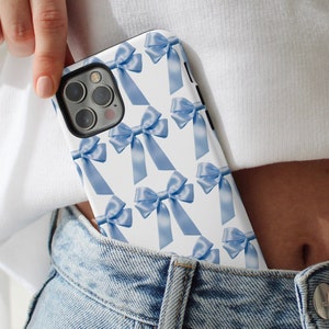Coquette iPhone Case Blue Bow Aesthetic Phone Cover Collage Ribbon Cute iPhone 16 15 14 13 12 11 Pro Max Plus Samsung S24 S23 S22 Pixel 7 8