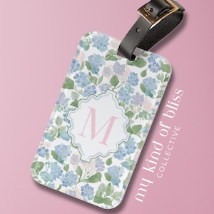 Personalized Floral Luggage Tag Hydrangea Bag Tag Custom Monogram Girls Trip Gift Coquette Travel Accessory Custom Initial Flowers Preppy