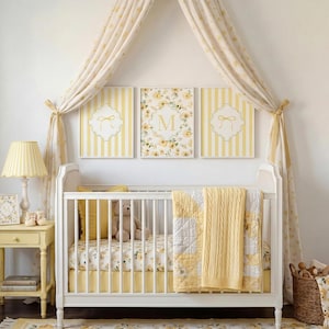 May include: A nursery scene with a white crib, yellow bedding, and a matching yellow rug. Above the crib are three framed prints with floral and striped designs. A yellow lamp and side table complete the decor.