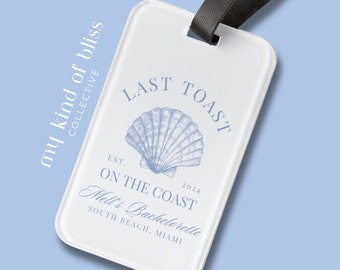 Personalized Coastal Bachelorette Luggage Tag: Beach Favor, Acrylic with Leather Strap