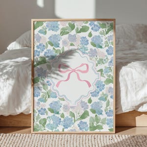 Girls Floral Bow Print for Bedroom Hydrangea Printable Pastel Pink Bow Wall Art Botanical Floral Poster Feminine Apartment Blue Sage Green