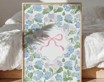 Girls Floral Bow Print for Bedroom Hydrangea Printable Pastel Pink Bow Wall Art Botanical Floral Poster Feminine Apartment Blue Sage Green
