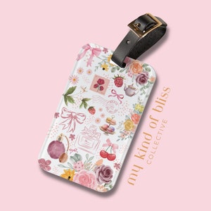 Cute Girly Luggage Tag Preppy Pink Bow Travel Gift Paris Aesthetic Bag Tag Floral Pattern Vacation Accessory Coquette Suitcase Label Custom
