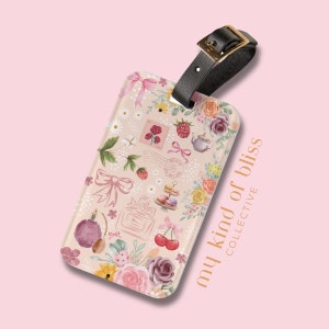 Coquette Luggage Tag Paris Aesthetic Travel Gift Pink Bow Bag Tag Floral Collage Cute Vacation Accessories Strawberry Suitcase Label Custom