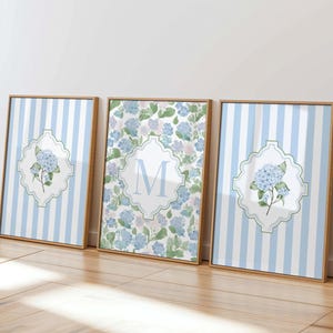 Hydrangea Set of 3 Prints Custom Letter Printable Monogram Coquette Girls Nursery Wall Art Pink Grand Millennial Initial Poster Blue & Green