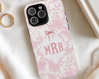 Custom Grandmillennial Toile Phone Case Pastel Pink Coquette Bow Monogram Tough Cover iPhone Samsung Pixel Chinoiserie Soft Girl Romantic