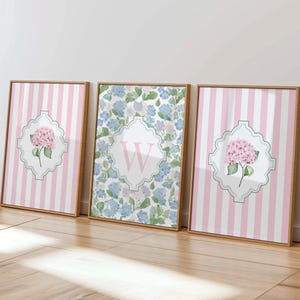 Hydrangea Set of 3 Prints Custom Letter Printable Monogram Coquette Girls Nursery Wall Art Grand Millennial Initial Poster Pink Blue Green