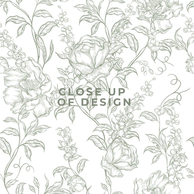 May include: Close-up of a floral design featuring detailed botanical illustrations of flowers, leaves, and vines in a soft green hue against a white background. The text "CLOSE UP OF DESIGN" is visible.