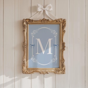 Girls Monogram Print Blue Pretty Bow Wall Art Cute Personalized Initial Nursery Printable Coquette Vintage Feminine Bedroom Grand Millennial