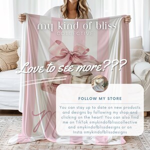 My Custom Name Book Lover Coquette Blanket. Featuring a pink and white striped background with a watercolor book stack wrapped in a bow, this plush blanket is as cozy as it is cute. Add your custom name underneath for a personalized, preppy, coquette touch. Perfect for book lovers, girls bedrooms, baby showers, newborns, or a stylish preppy touch to dorm