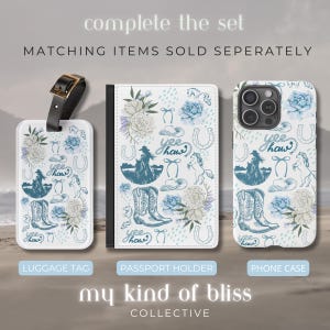 Coastal Coquette Cowgirl Phone Case. Featuring a collage of western inspired elements in shades of white and blue, mixed with some coquette style bows and flowers. The background is white and the colour palette is coastal and calm. For iPhone, Samsung & Pixel