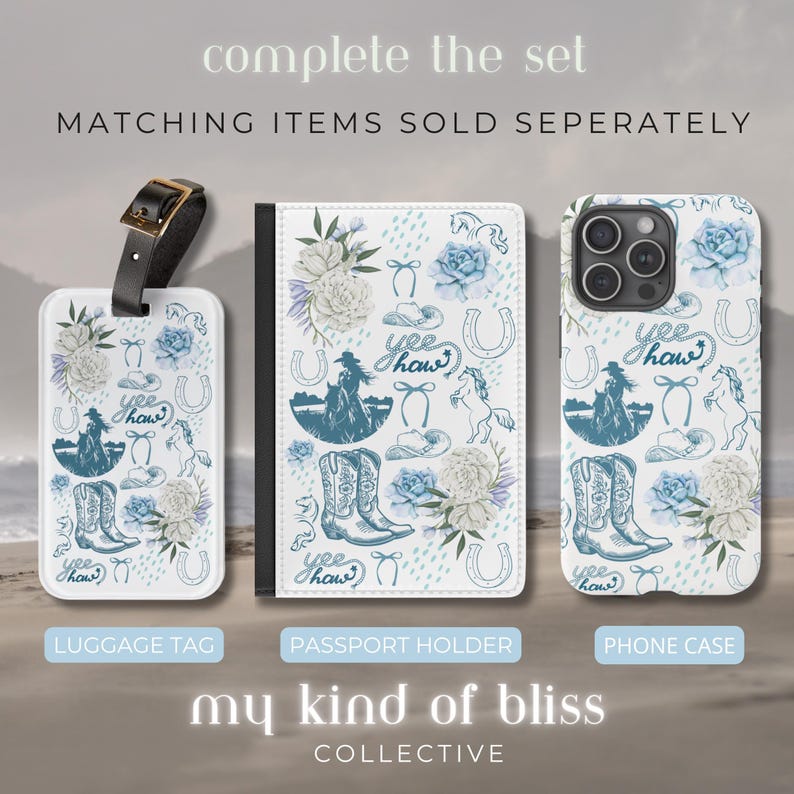 Coastal Coquette Cowgirl Phone Case. Featuring a collage of western inspired elements in shades of white and blue, mixed with some coquette style bows and flowers. The background is white and the colour palette is coastal and calm. For iPhone, Samsung & Pixel