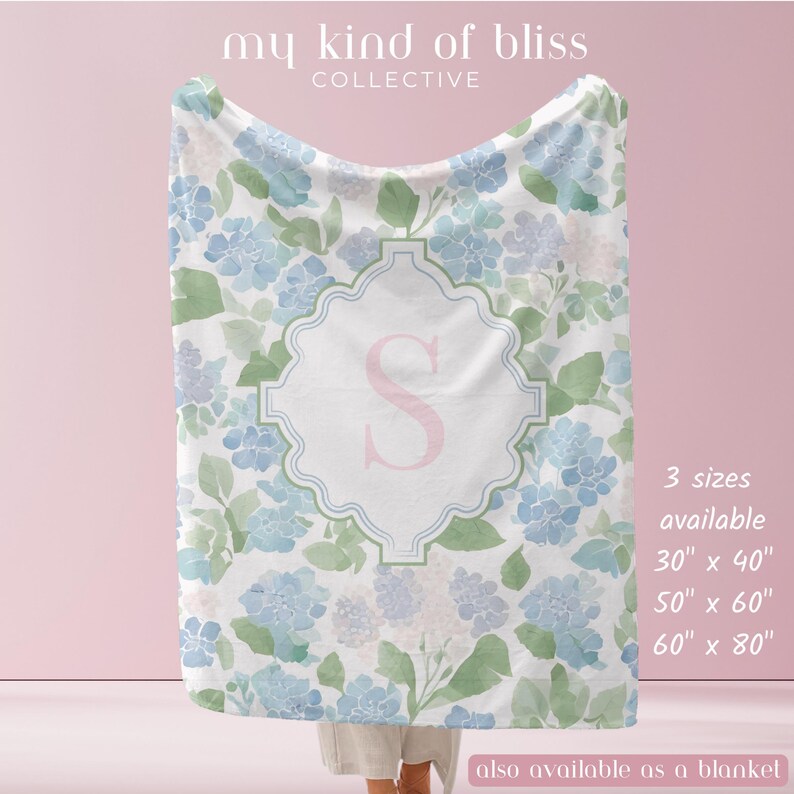 Matching blanket promo
Personalized hydrangea throw blanket with monogram initial, matching cozy dorm room bedding decor for college girls