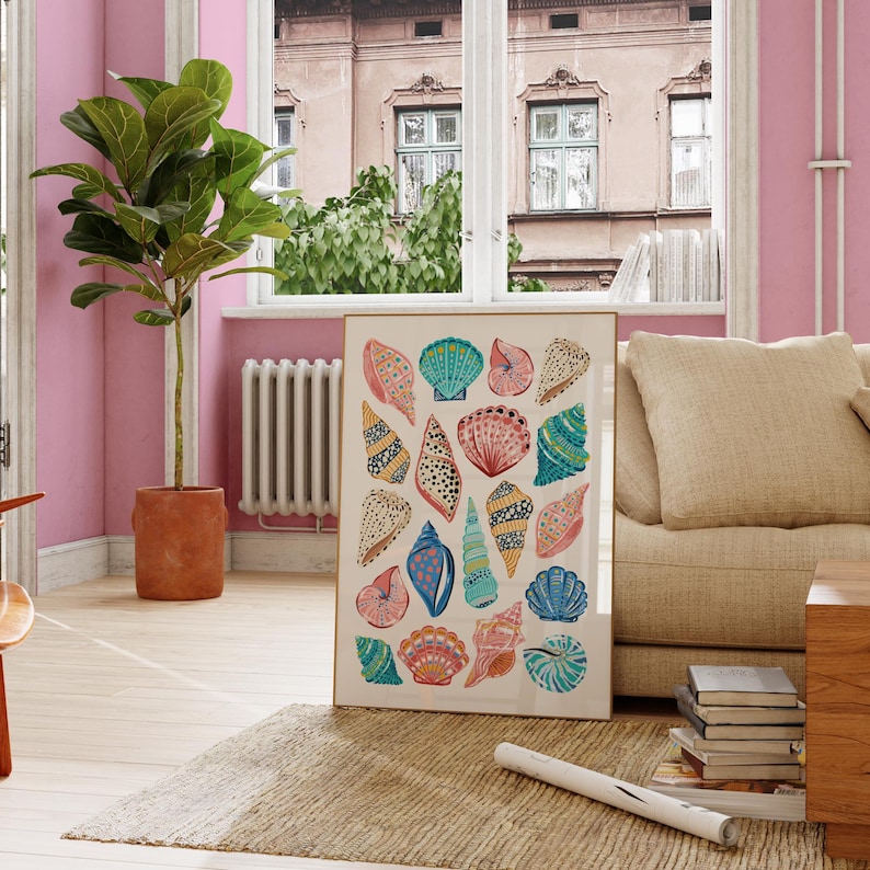 Featured here is my Colorful Seashell Digital Print. It features a collage of colourful hand illustrated seashells with bold patterns on a white background. Perfect for coconut girls, beach lovers, bar carts, kitchens, dorms, bedrooms, roommate gifts