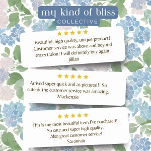 May include: Image shows customer testimonials against a floral backdrop. The text at the top reads "my kind of bliss COLLECTIVE". Reviews from Jillian, Mackenzie, and Savannah are displayed, each with a five-star rating.