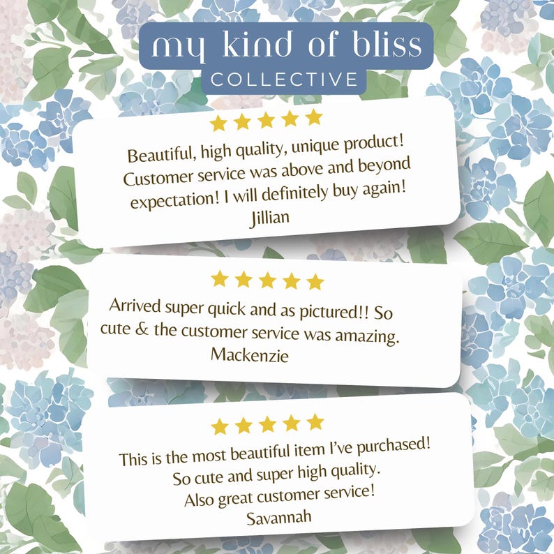 May include: Image shows customer testimonials against a floral backdrop. The text at the top reads "my kind of bliss COLLECTIVE". Reviews from Jillian, Mackenzie, and Savannah are displayed, each with a five-star rating.