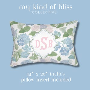 Front and back view of personalized hydrangea lumbar pillow with floral print and custom monogram design in pastel blue and pink.