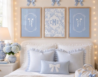 Personalized Blue Bow Monogram Print Set Toile Custom Dorm Wall Art Grandmillennial Decor Coquette Bedroom Print Daughter College Move In