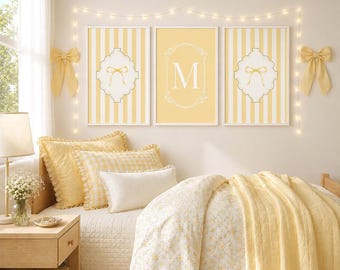 Set di 3 stampe personalizzate con monogramma color giallo burro per camera da letto di una ragazza adolescente, colore giallo pastello, decorazione sopra il letto, poster color crema al burro.