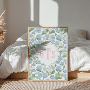 Custom hydrangea monogram wall print personalized with initials for preppy bedroom nursery or feminine home decor