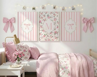 Personalized Pink Bow Wall Art Set for Girls Bedroom and Dorm Floral Monogram Prints Preppy Coquette Grandmillennial Room Decor Above Bed
