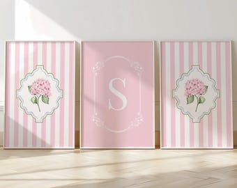 Pink Monogram Hydrangea Print Set of 3 Grand Millennial Custom Letter Printable Botanical Initial Art Blue Green Preppy Bedroom Feminine