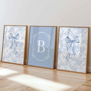 Toile Bow Custom Letter Print Set of 3 Printable Chinoiserie Monogram Blue Coquette Girls Nursery Art Coastal Granddaughter Grand Millennial