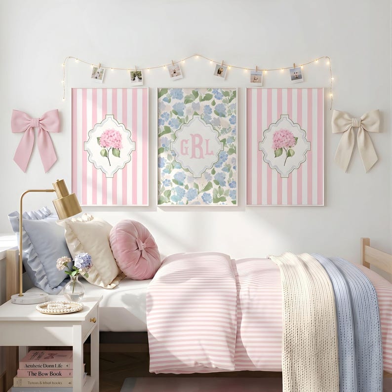 Preppy pink hydrangea monogram wall art above teen girl bed, personalized floral bedroom decor printable wall art set