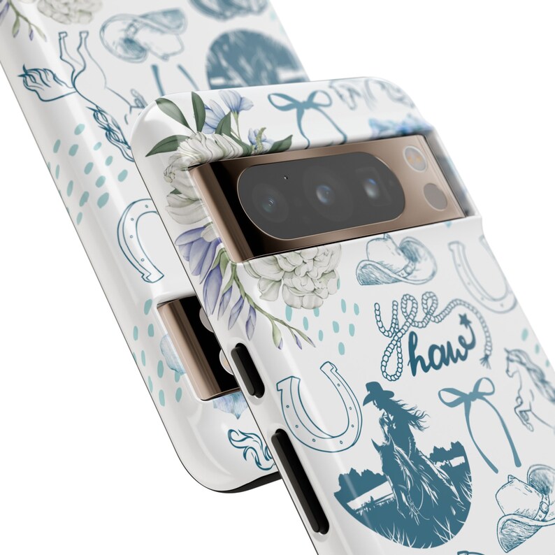 Coastal Coquette Cowgirl Phone Case. Featuring a collage of western inspired elements in shades of white and blue, mixed with some coquette style bows and flowers. The background is white and the colour palette is coastal and calm. For iPhone, Samsung & Pixel