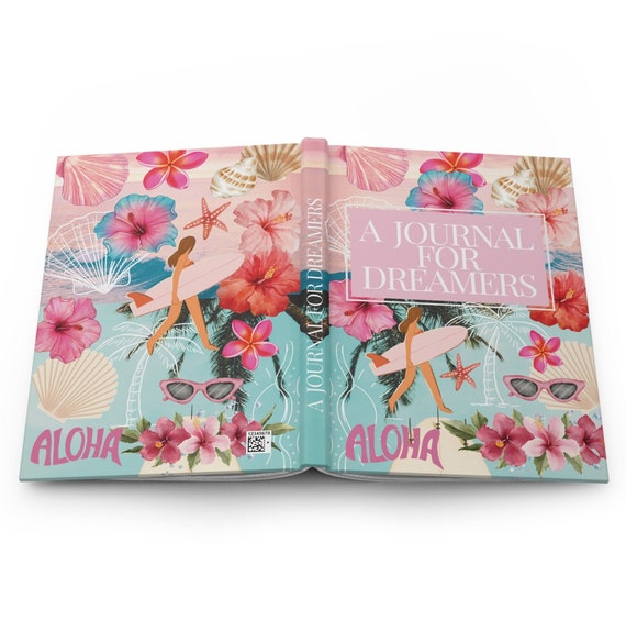 Beachy Journal Cute Girly Notebook Custom Name Hawaii Aesthetic Personalized Gift Idea Hardcover Travel Journal Hibiscus Diary Surfer Girl