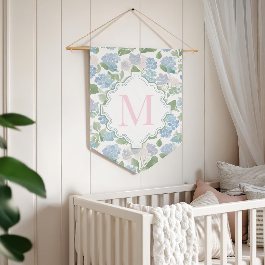 Girls Custom Initial Pennant Hydrangea Wall Hanging Floral Personalized ...