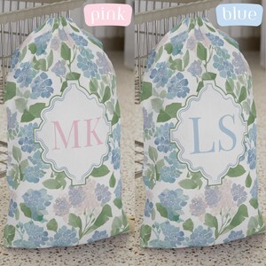 Color options image
Personalized hydrangea laundry bag available with pink or blue monogram initials, custom preppy college gift for girls