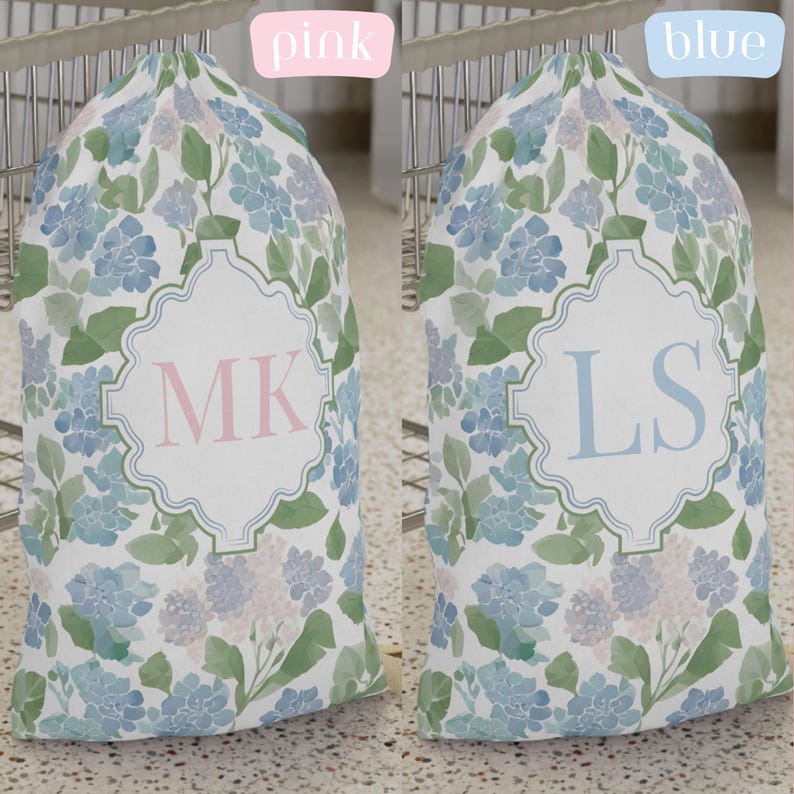 Color options image
Personalized hydrangea laundry bag available with pink or blue monogram initials, custom preppy college gift for girls