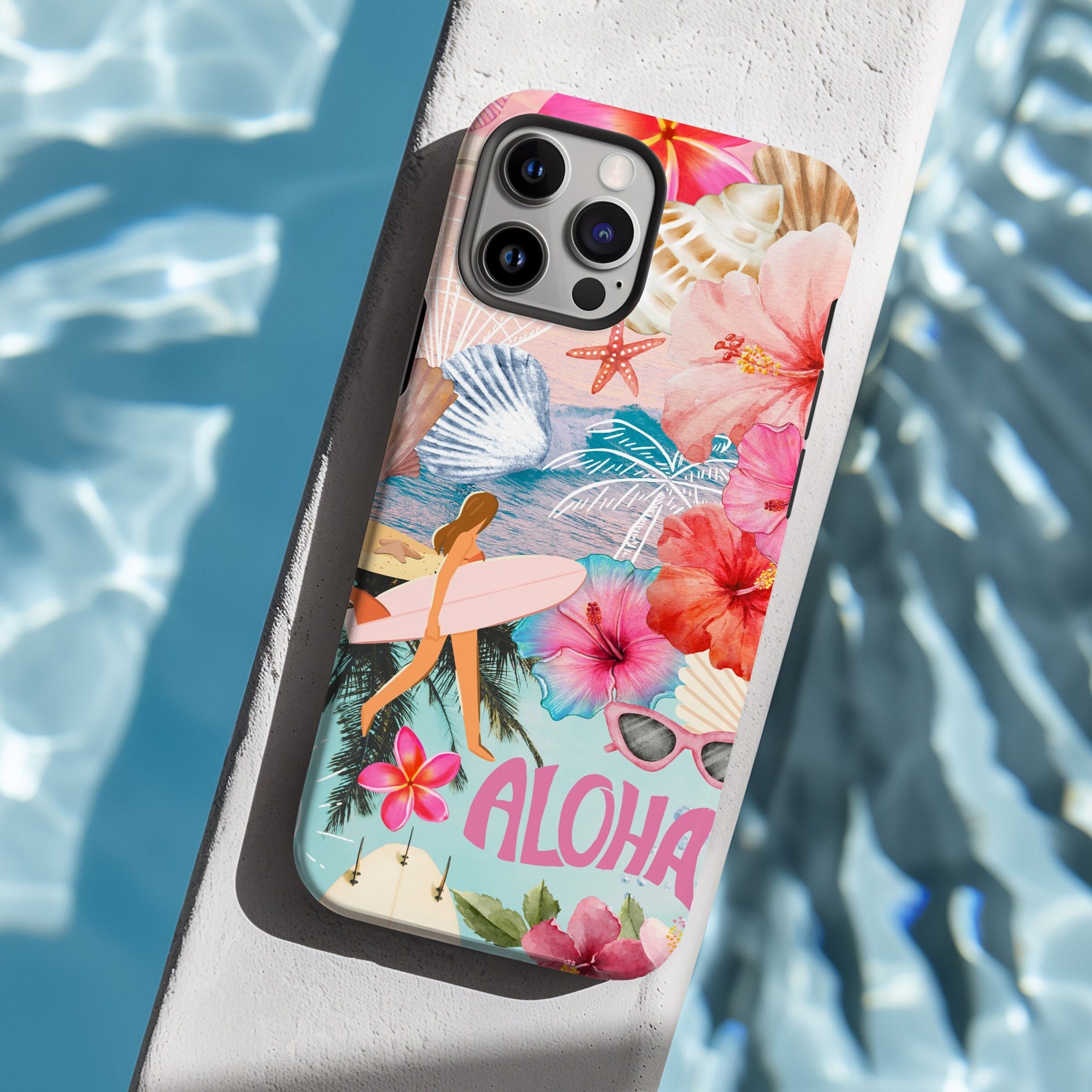 Beachy Phone Case Collage Hibiscus Flower Sea Shell iPhone 16 15 14 13 12 11 Pro Max Mini Plus Surf Girl Samsung S25 S24 22 Pixel 9 8 7 6 XL
