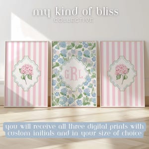 Gepersonaliseerde 3 letter monogram prints hortensia muurkunst set roze blauw groen preppy coquette kinderkamer slaapzaal slaapkamer custom art Grandmillennial afbeelding 4