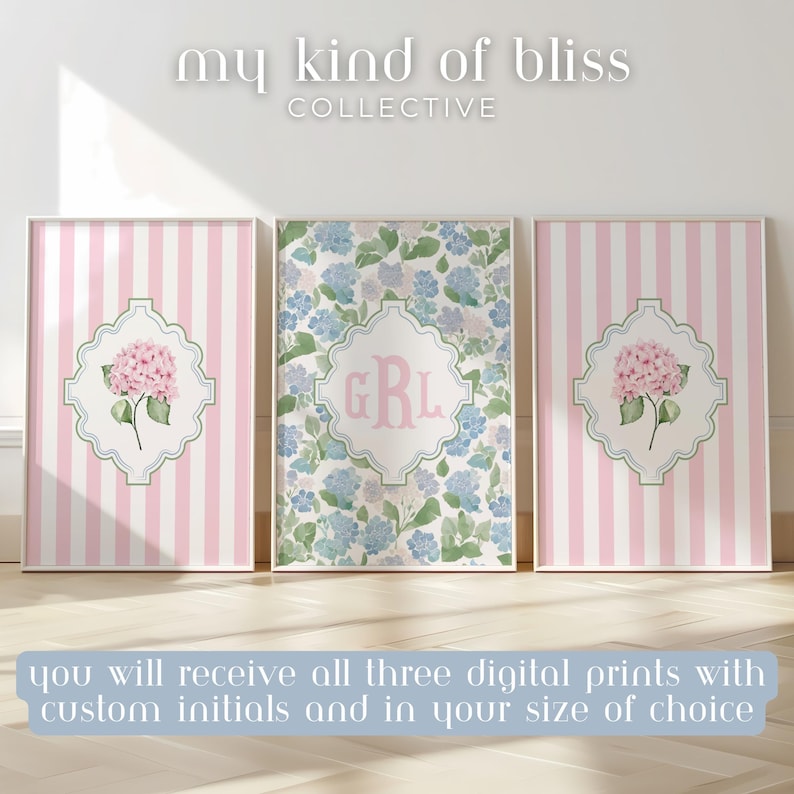 Gepersonaliseerde 3 letter monogram prints hortensia muurkunst set roze blauw groen preppy coquette kinderkamer slaapzaal slaapkamer custom art Grandmillennial afbeelding 4