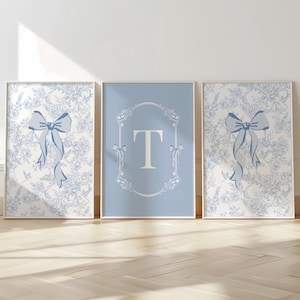 Blue Chinoiserie Custom Letter Print Set of 3 Printable Toile Bow Nursery Art Girls Coquette Monogram Coastal Granddaughter Grand Millennial