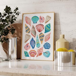 Featured here is my Colorful Seashell Digital Print. It features a collage of colourful hand illustrated seashells with bold patterns on a white background. Perfect for coconut girls, beach lovers, bar carts, kitchens, dorms, bedrooms, roommate gifts