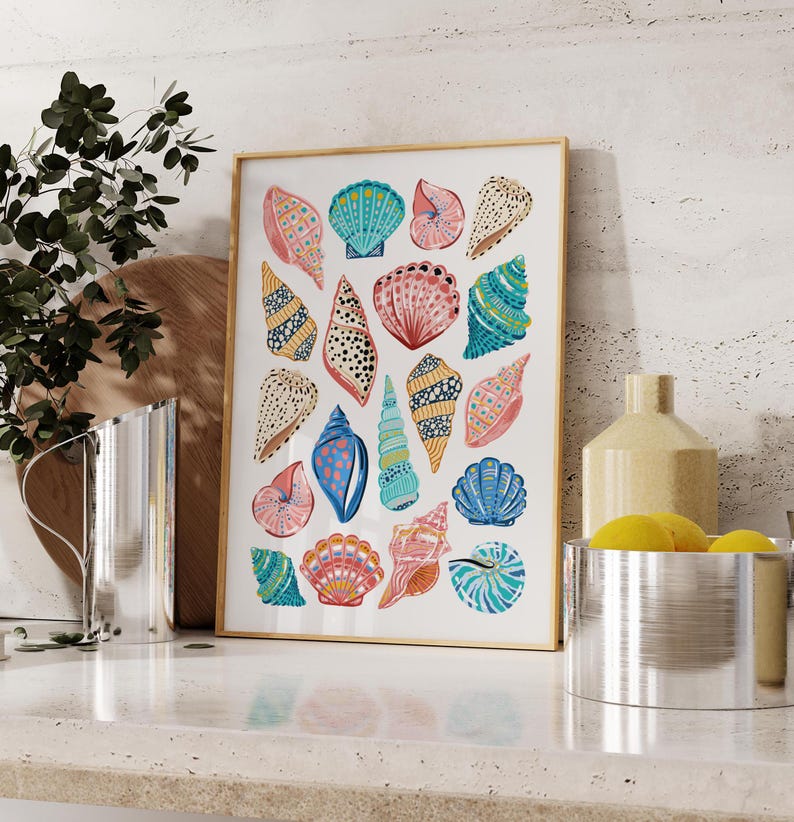 Featured here is my Colorful Seashell Digital Print. It features a collage of colourful hand illustrated seashells with bold patterns on a white background. Perfect for coconut girls, beach lovers, bar carts, kitchens, dorms, bedrooms, roommate gifts